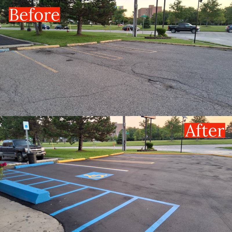 Restaurant parking lot after a full restripe with ADA stalls
