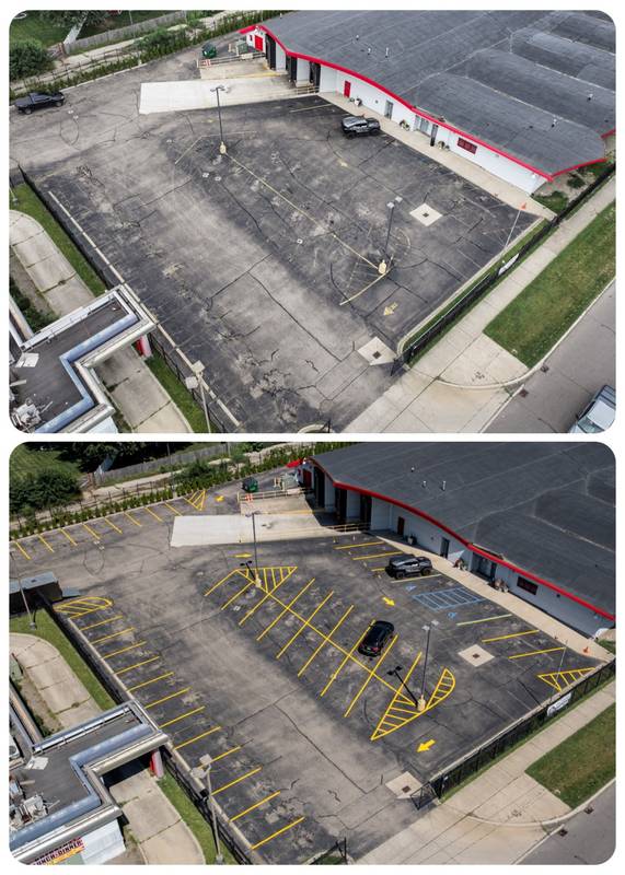 Aerial view of a freshly striped Metro Detroit commercial parking lot